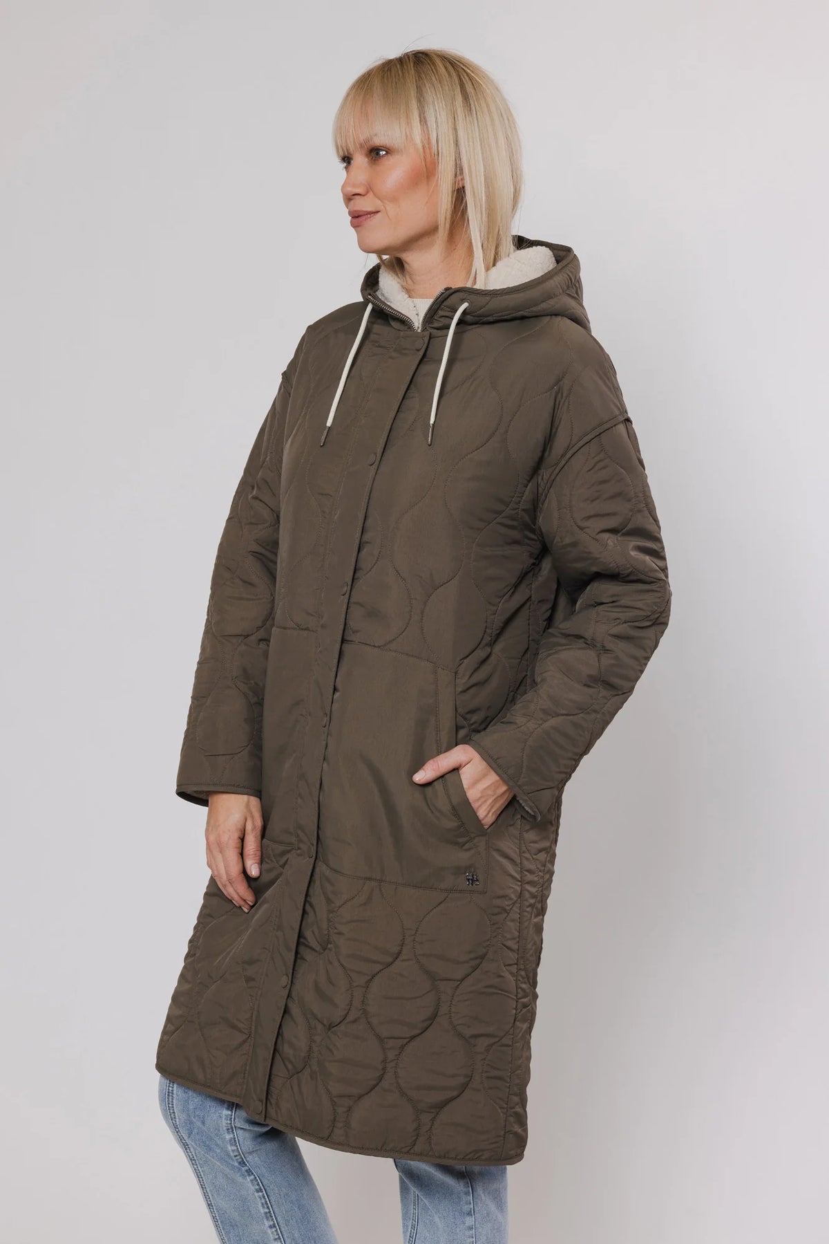 Elfie Mid Length Hooded Coat W Teddy - Hunter