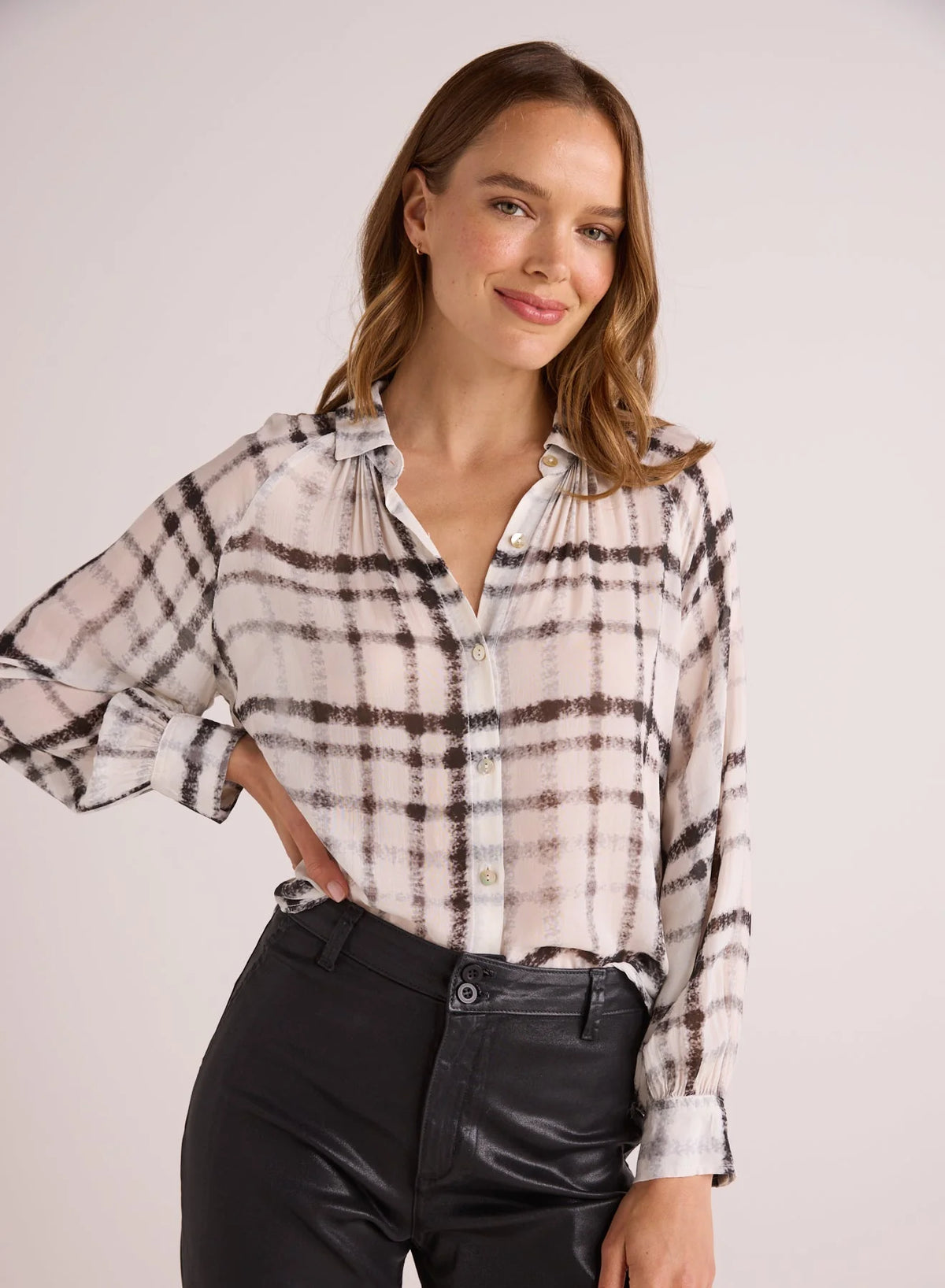 Flowy Raglan Sleeve Shirt - Brushed Plaid Print