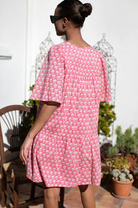 Amelia Button Short Dress - Crescent Flower Bon Pink Organic