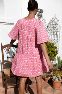 Amelia Button Short Dress - Crescent Flower Bon Pink Organic
