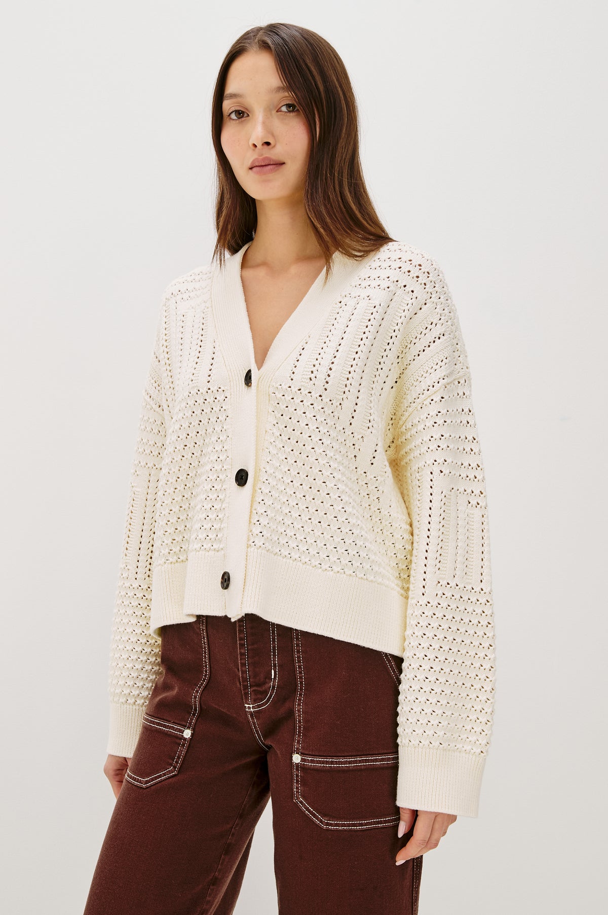 Geneva Cardigan - Ivory Patchwork Pointelle