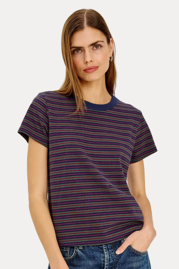 Girlfriend Tee - Maroon Navy Stripe
