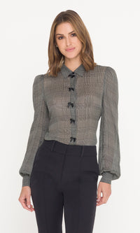 Arly Bow Georgette Blouse - White/Black Plaid
