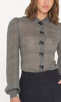 Arly Bow Georgette Blouse - White/Black Plaid