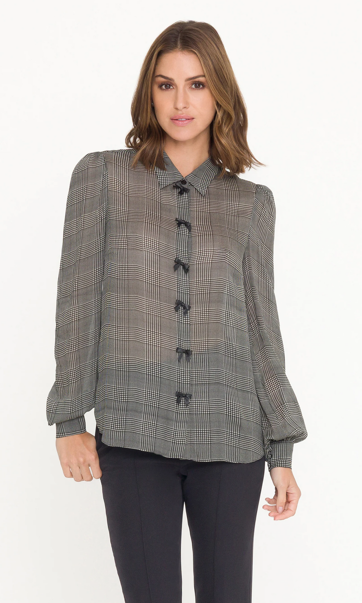 Arly Bow Georgette Blouse - White/Black Plaid