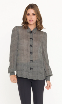 Arly Bow Georgette Blouse - White/Black Plaid