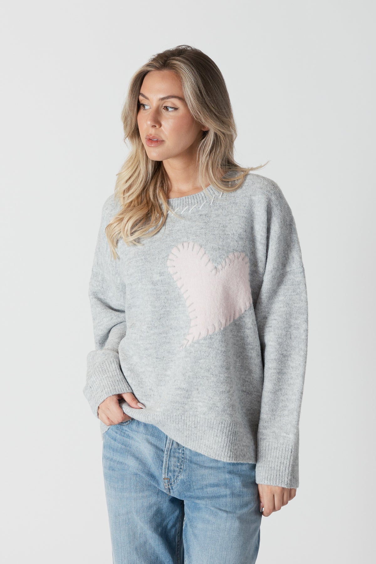 Heart Sweater - Light Grey/Pink