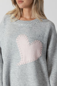 Heart Sweater - Light Grey/Pink