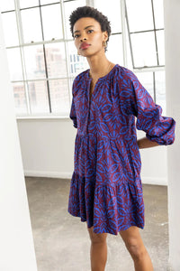 Tiered Split Neck Dress - Cobalt Motif