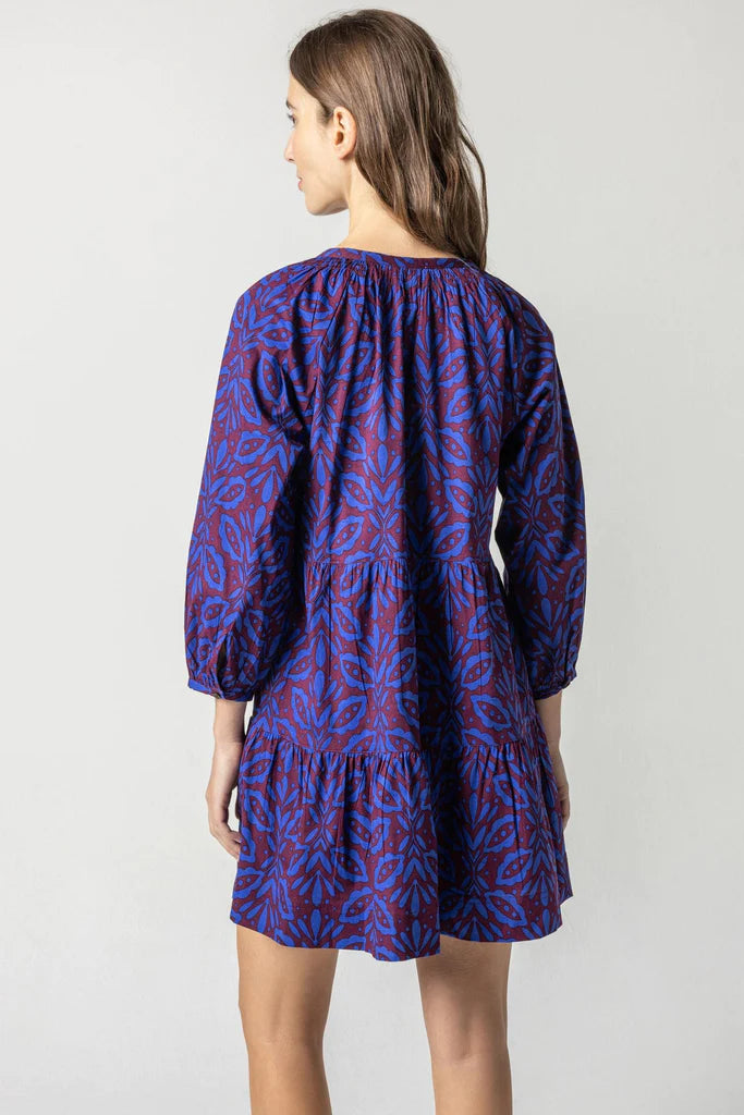 Tiered Split Neck Dress - Cobalt Motif