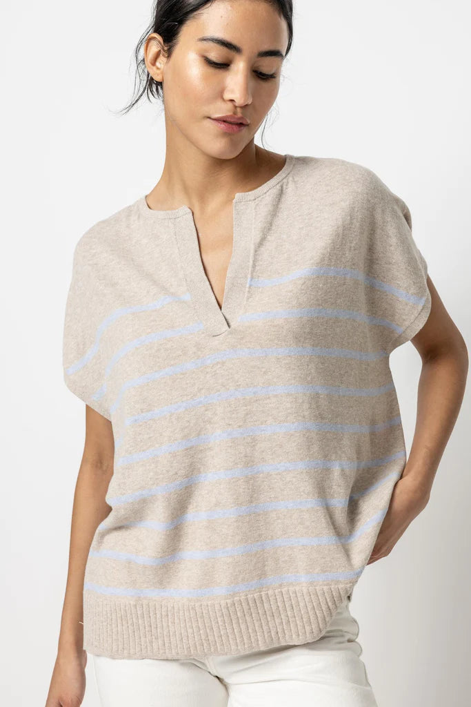 Striped Split Neck Tunic Sweatshirt - Wheat Stripe