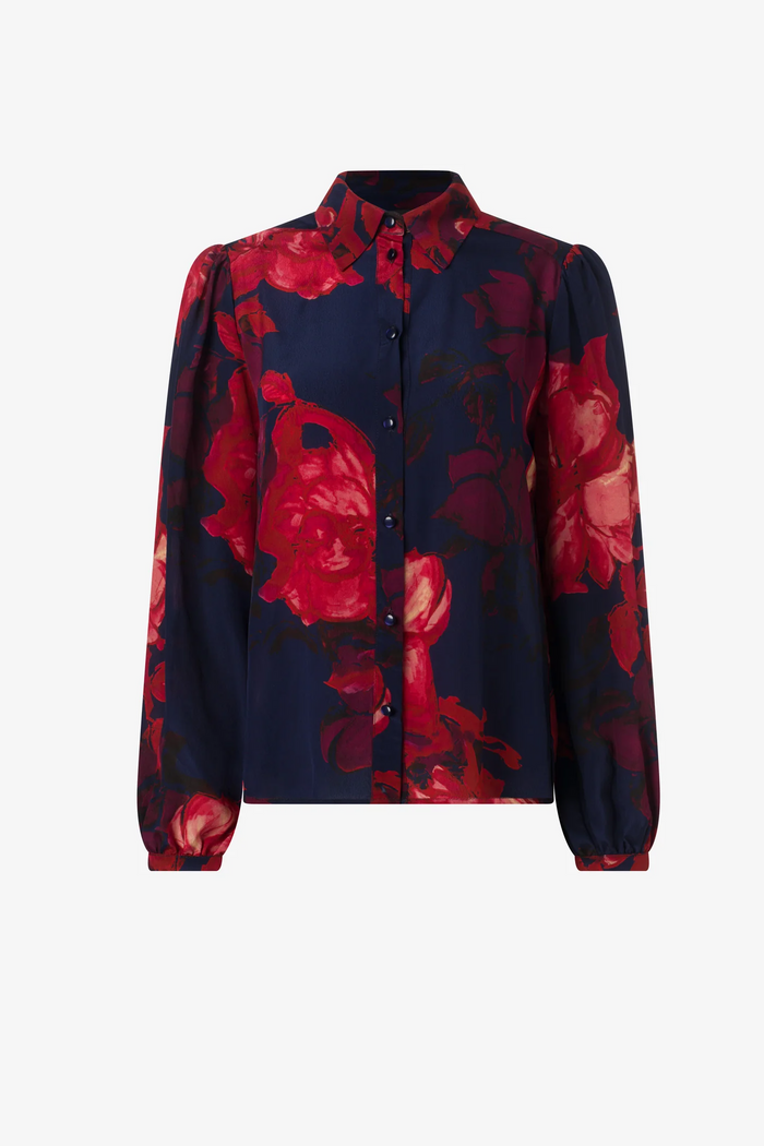 Floral Print Button Down Blouse - Navy/Red