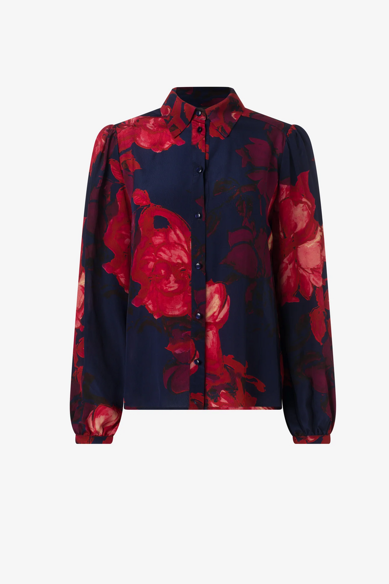 Floral Print Button Down Blouse - Navy/Red