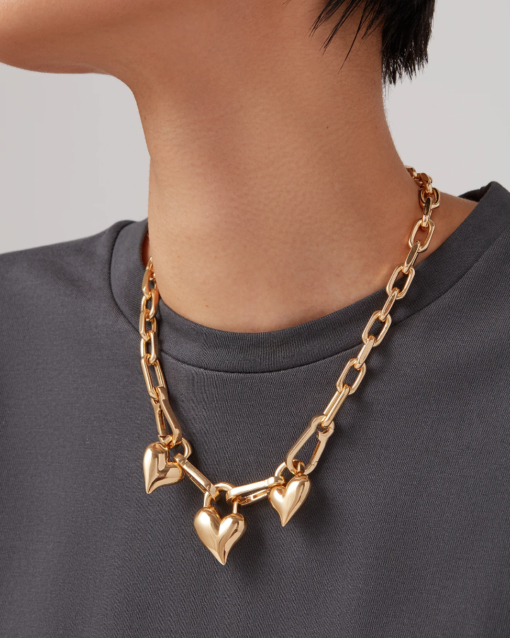 Padlock Triple Heart Pendant Necklace - Gold