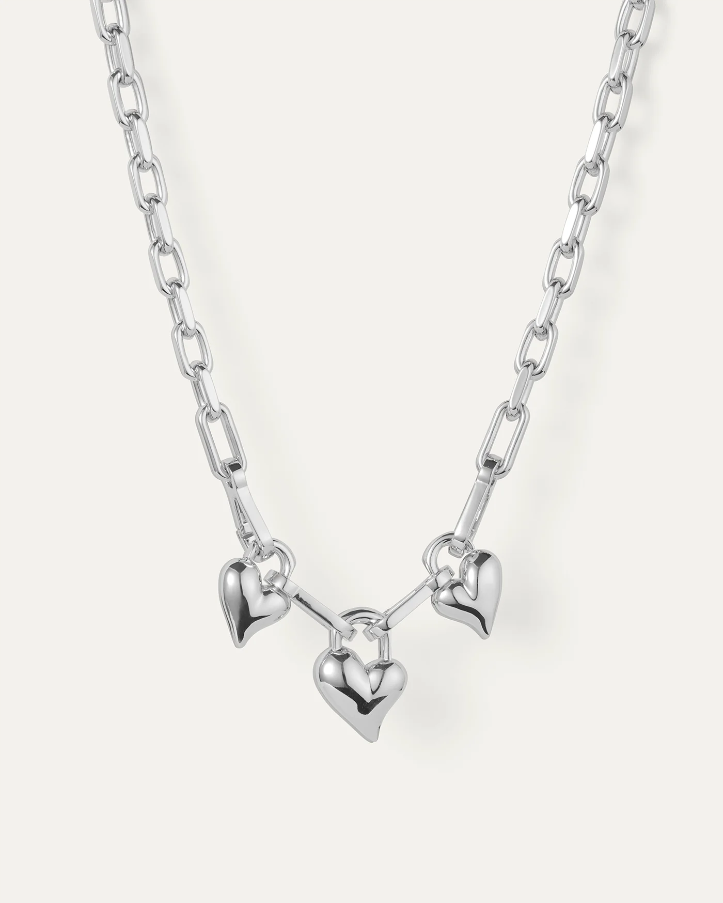 Padlock Triple Heart Pendant Necklace - Silver