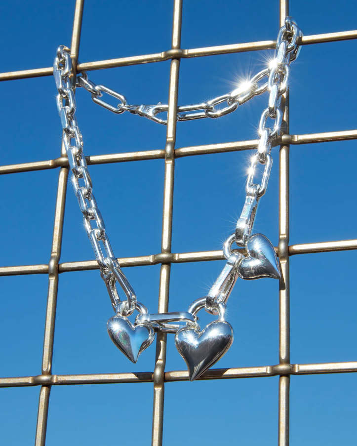 Padlock Triple Heart Pendant Necklace - Silver