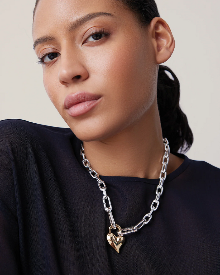 Padlock Heart Pendant Necklace - Two Tone