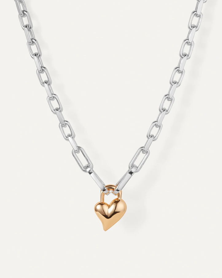 Padlock Heart Pendant Necklace - Two Tone