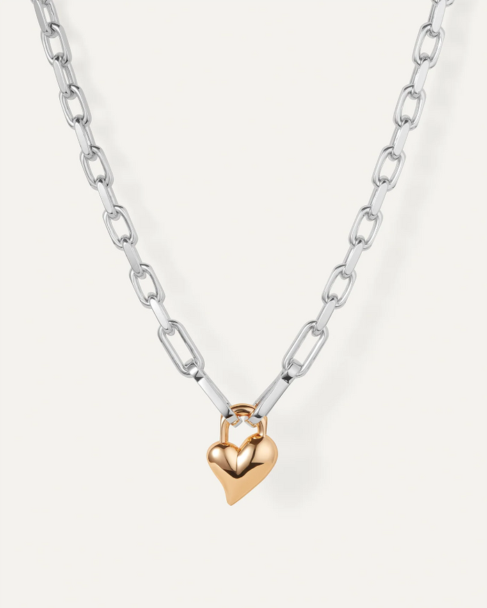 Padlock Heart Pendant Necklace - Two Tone