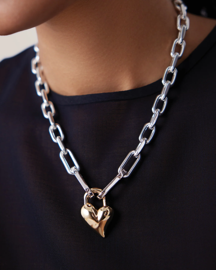 Padlock Heart Pendant Necklace - Two Tone