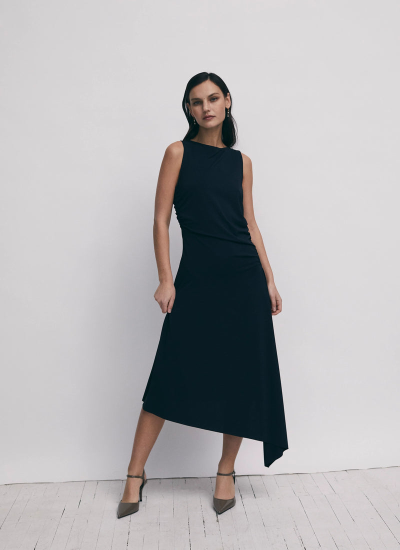 Asymmetric Gathered Midi Dress - Black Asymmetric Gathered Midi Dress - Black