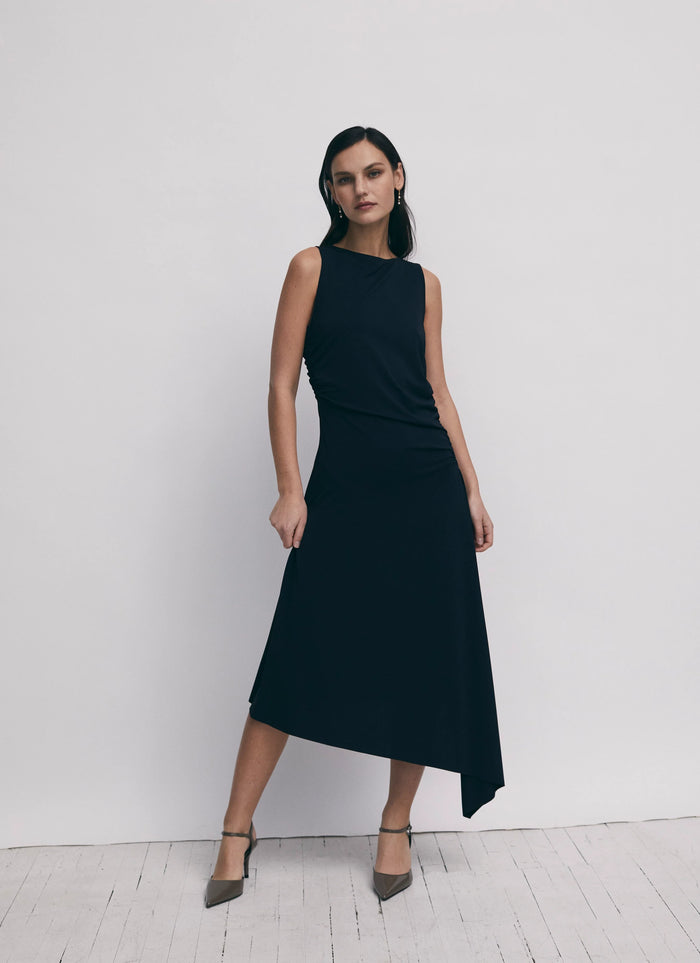 Asymmetric Gathered Midi Dress - Black