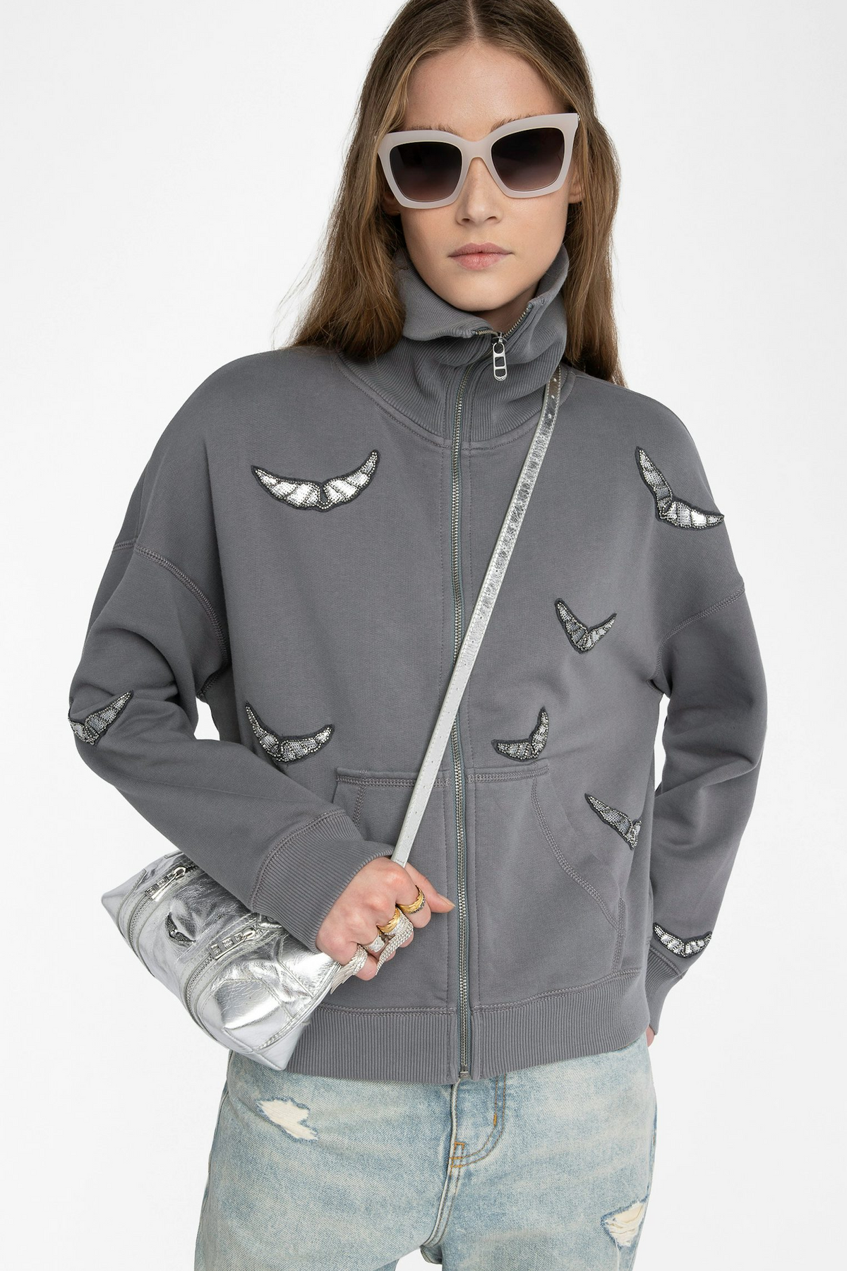 Milly Zip Mo Embroidery Wings - Medium Grey - Zadig & Voltaire Milly Zip Mo Embroidery Wings - Medium Grey - Zadig & Voltaire