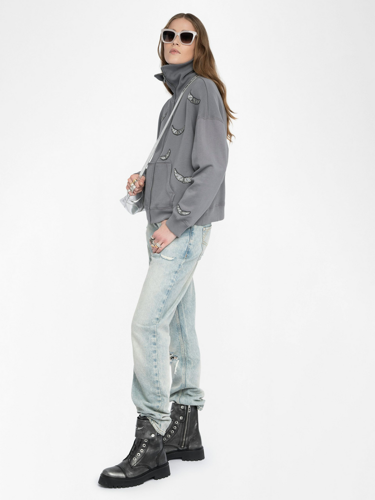 Milly Zip Mo Embroidery Wings - Medium Grey