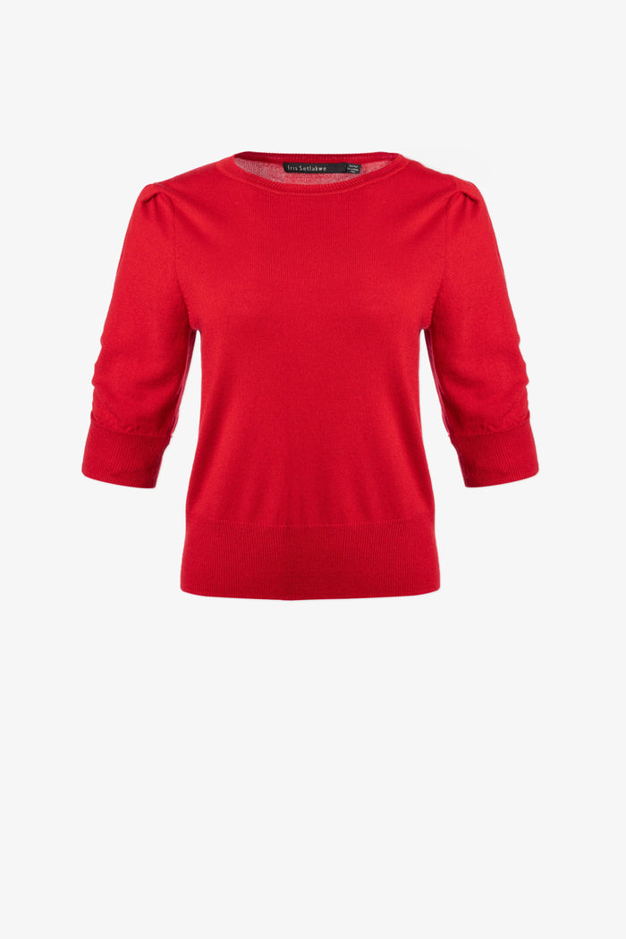 Fine Merino Blend Sweater Ruched Sleeve Detail - Red