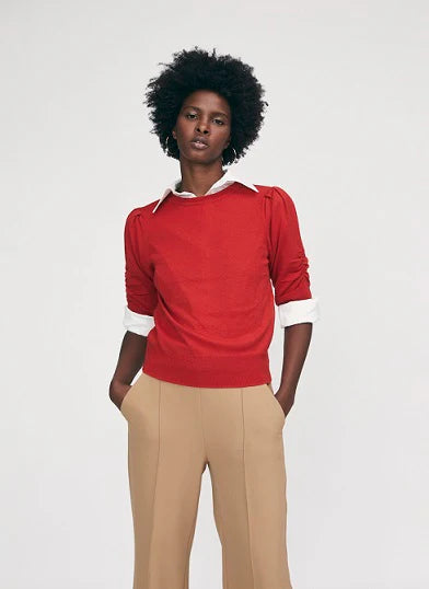 Fine Merino Blend Sweater Ruched Sleeve Detail - Red