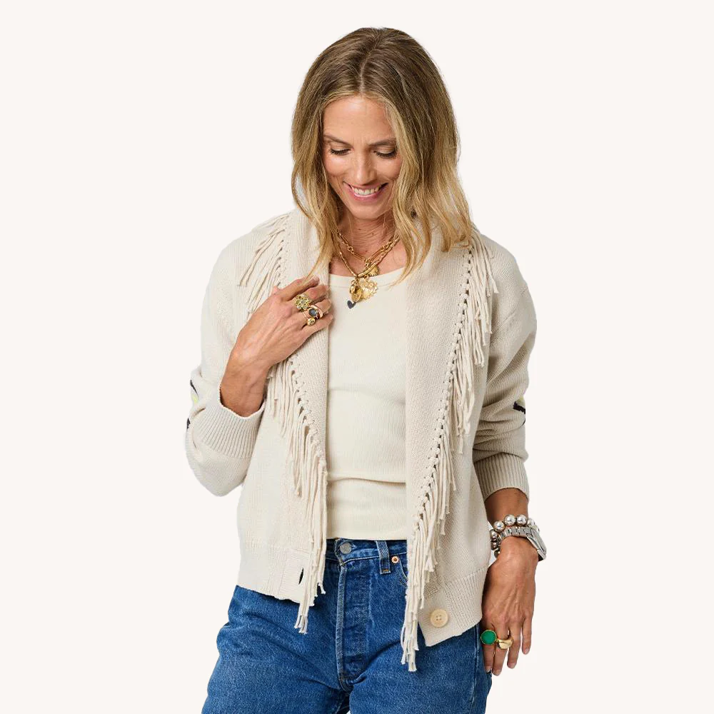 Fringe Shawl Collar Cardigan - Chalk