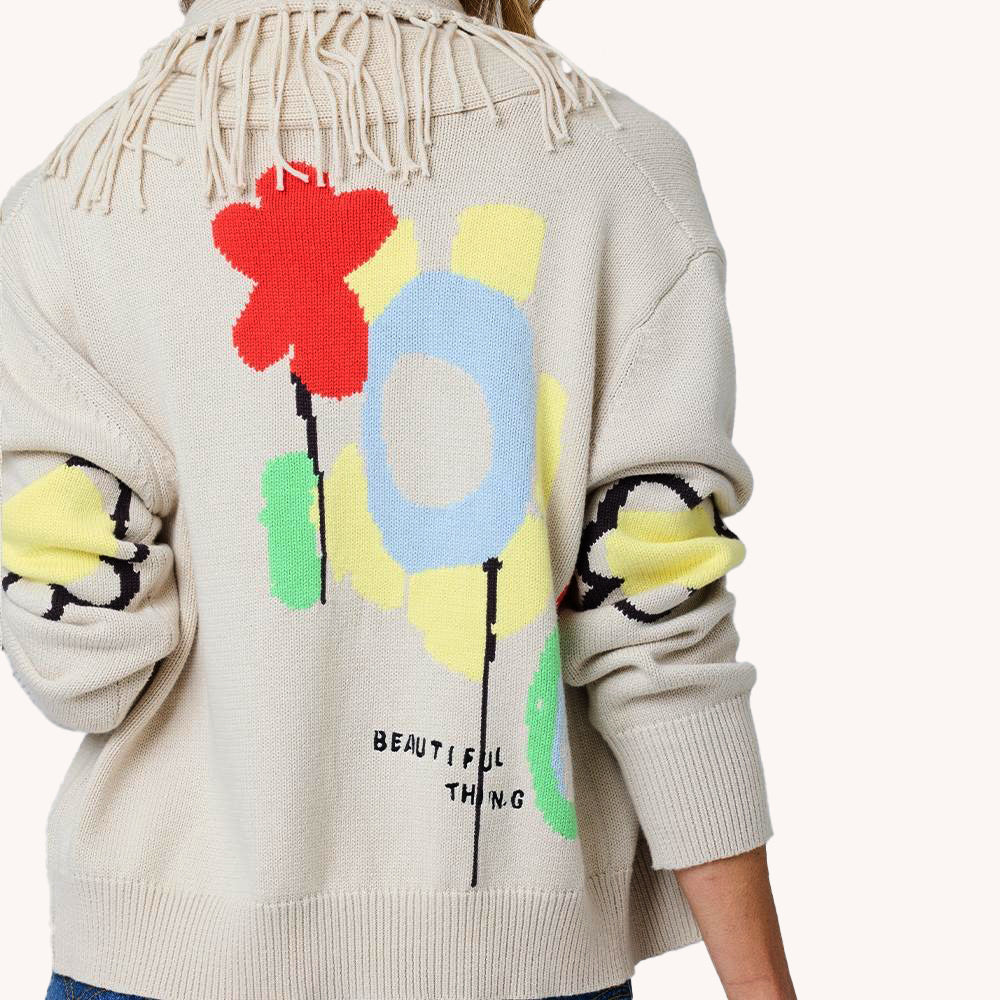 Fringe Shawl Collar Cardigan - Chalk