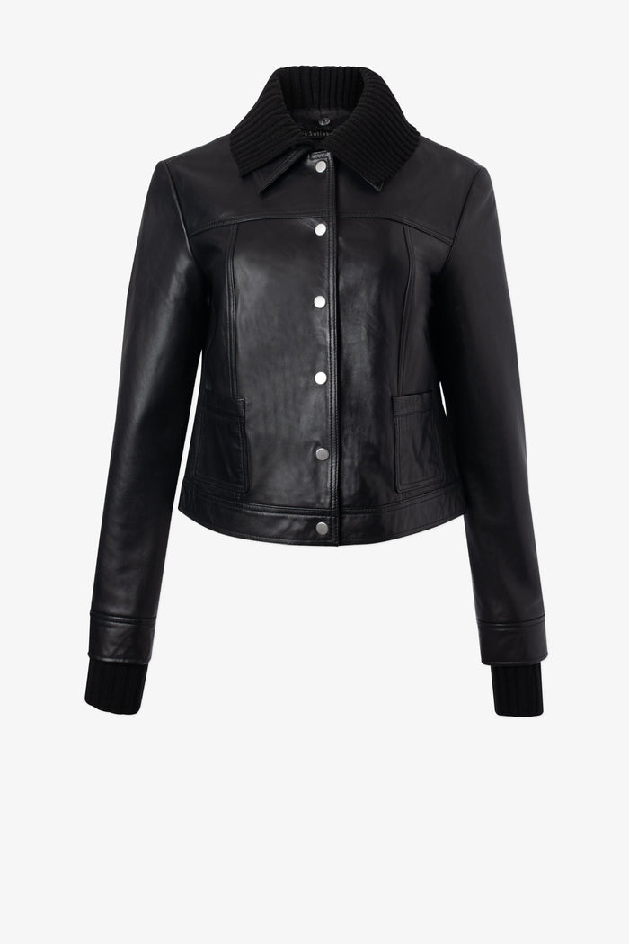 Leather Jacket With Removable Collar And Cuffs - Black