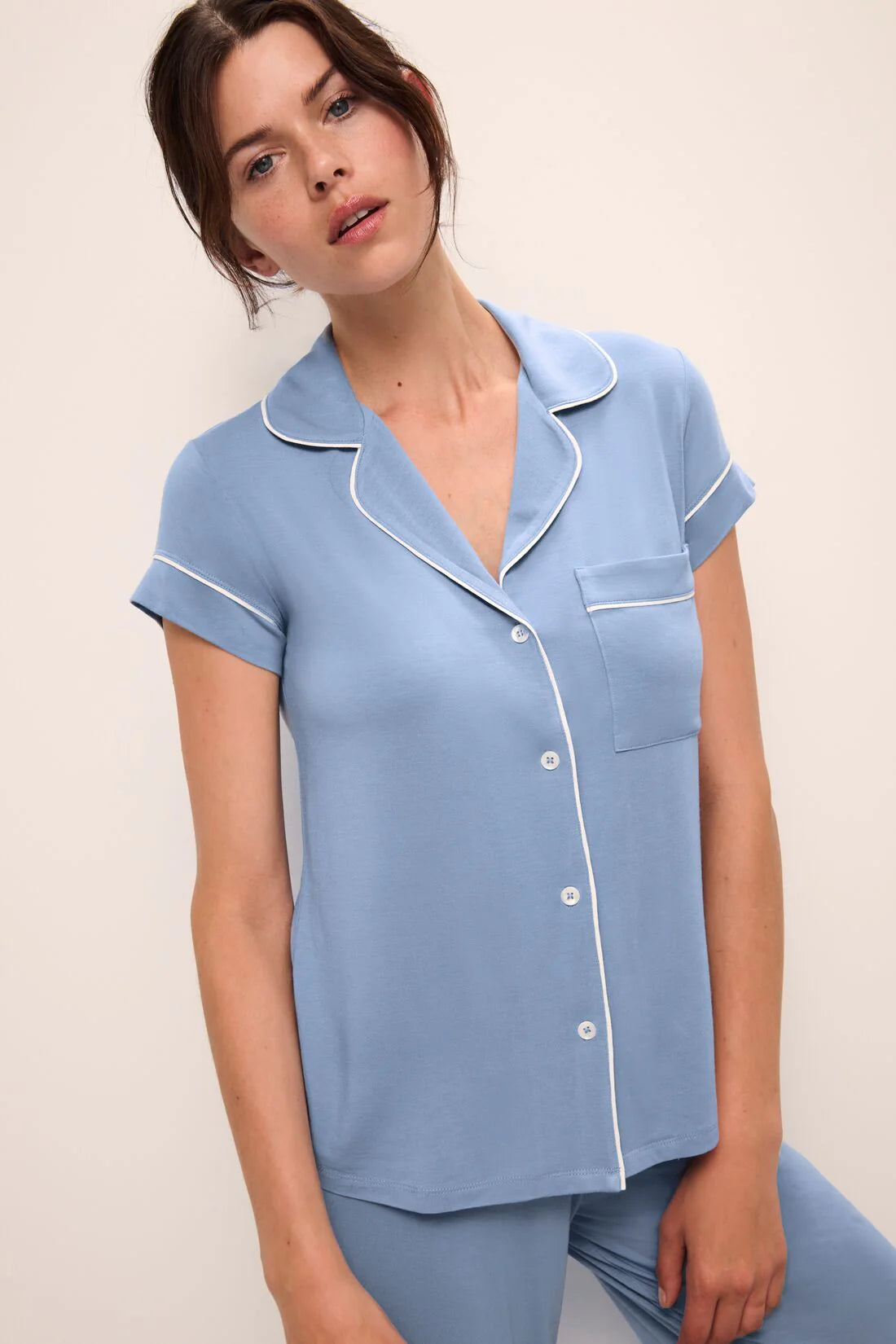 Gisele - The Tencel Modal Short Sleeve Crop PJ Set - Wedgewood Blue/Ivory