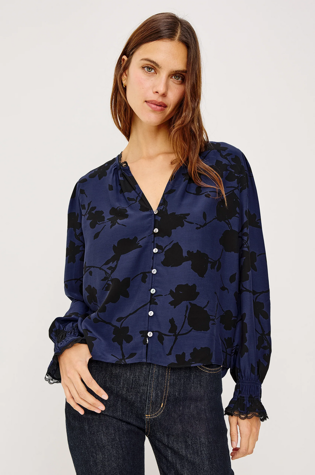 Magda Shirt - Navy Tossed Roses
