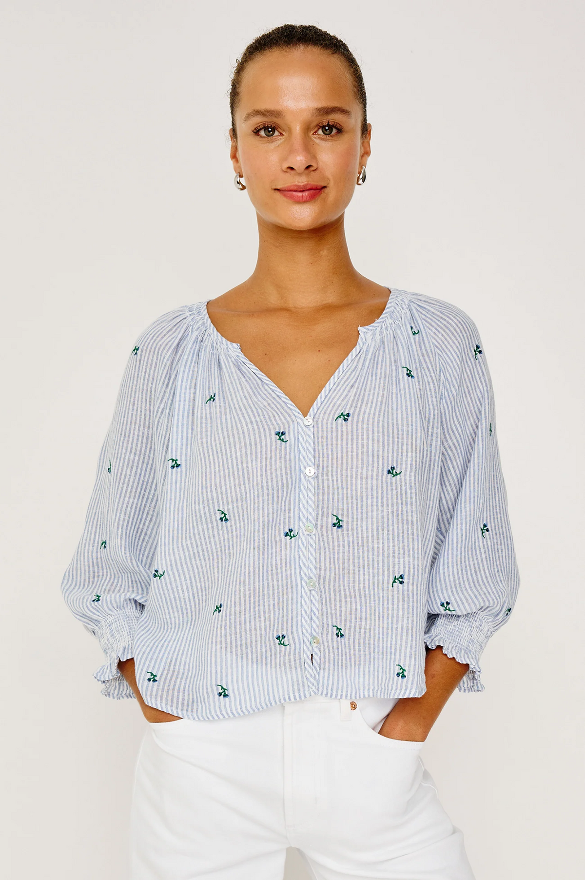 Mariah Top - Bluebell Embroidered Stripe