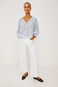 Mariah Top - Bluebell Embroidered Stripe