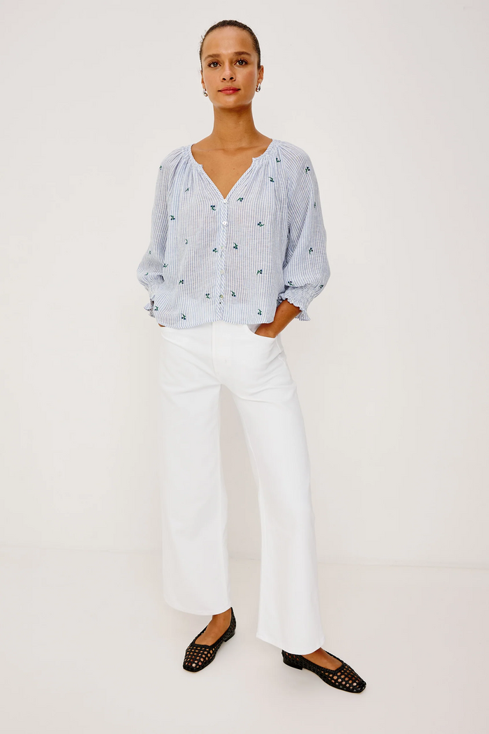 Mariah Top - Bluebell Embroidered Stripe