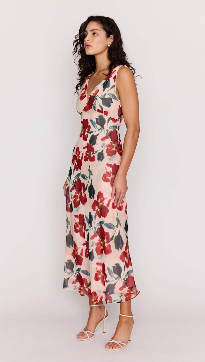 Arabella Bias Midi Dress - Red Floral