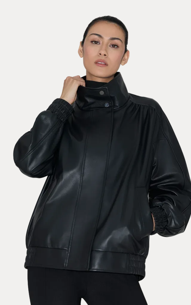 Miu Oversized Leather Bomber Jacket - Black