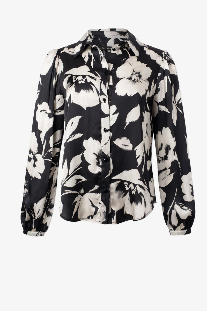 Printed Button Down Blouse - Satin Ivory Floral