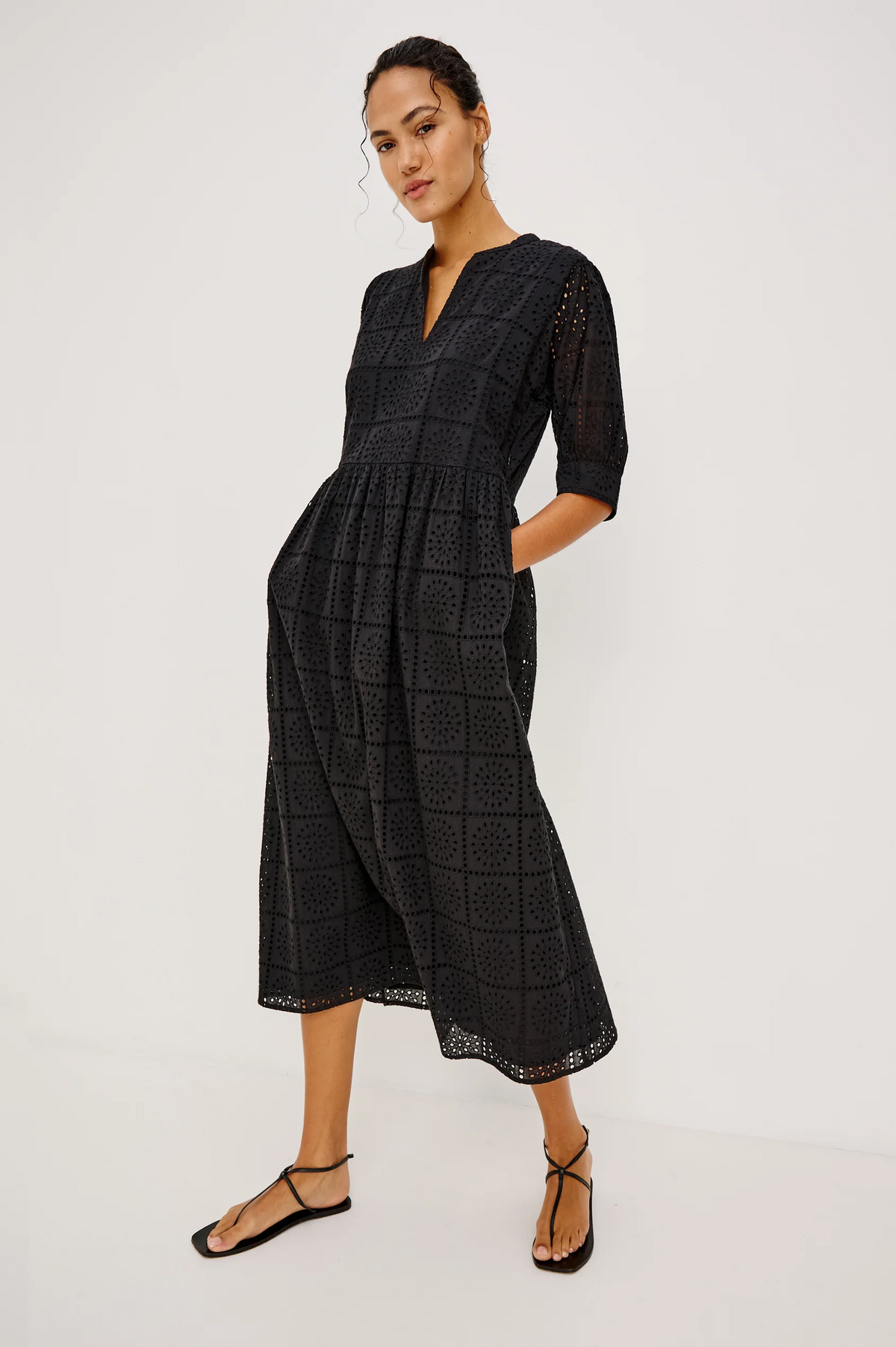 Nella Dress - Black Grid Embroidery