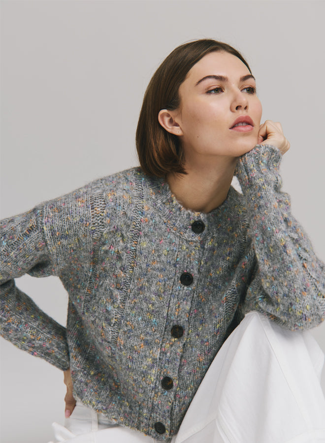 Confetti Cable Boxy Cardigan - Quarry