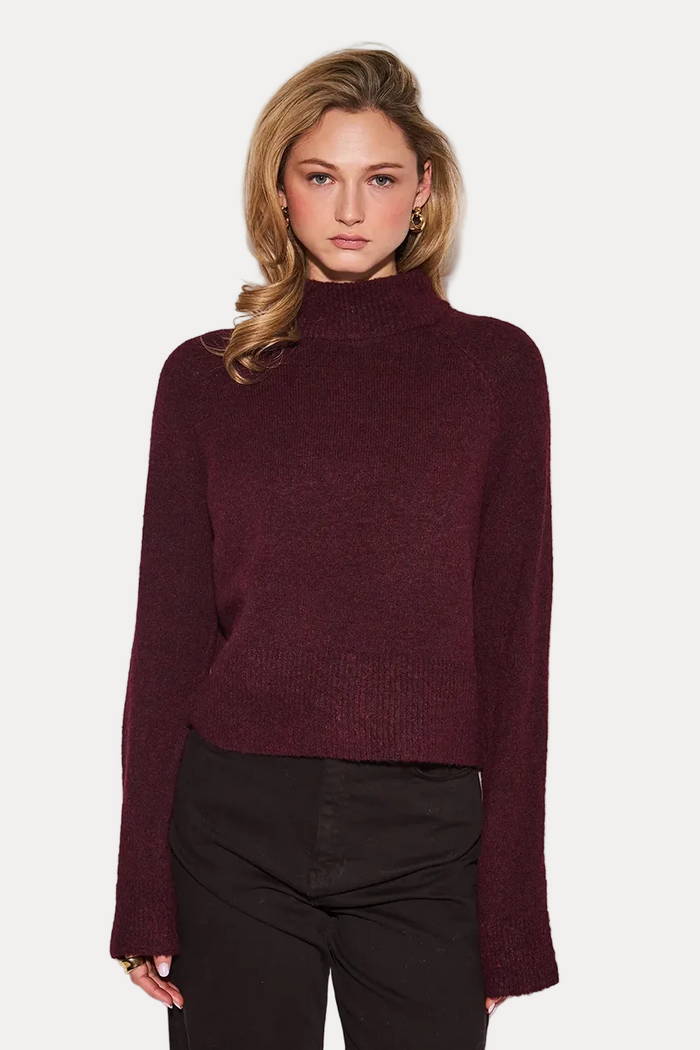 A woman modeling a dark burgundy knit mock neck sweater with long sleeves, paired with black pants, against a plain light gray background.