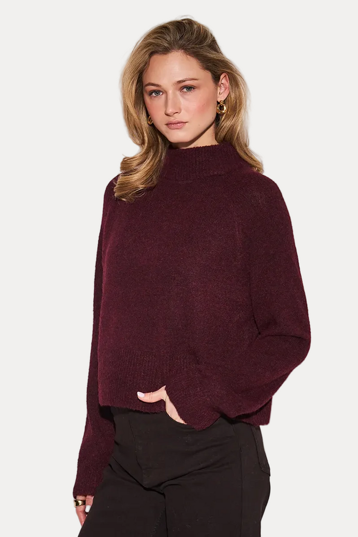 A woman modeling a dark burgundy knit mock-neck sweater with black wide-leg pants, standing against a plain white studio background.