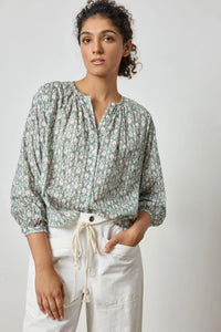 Long Sleeve Shirred Blouse - Seagrass Print
