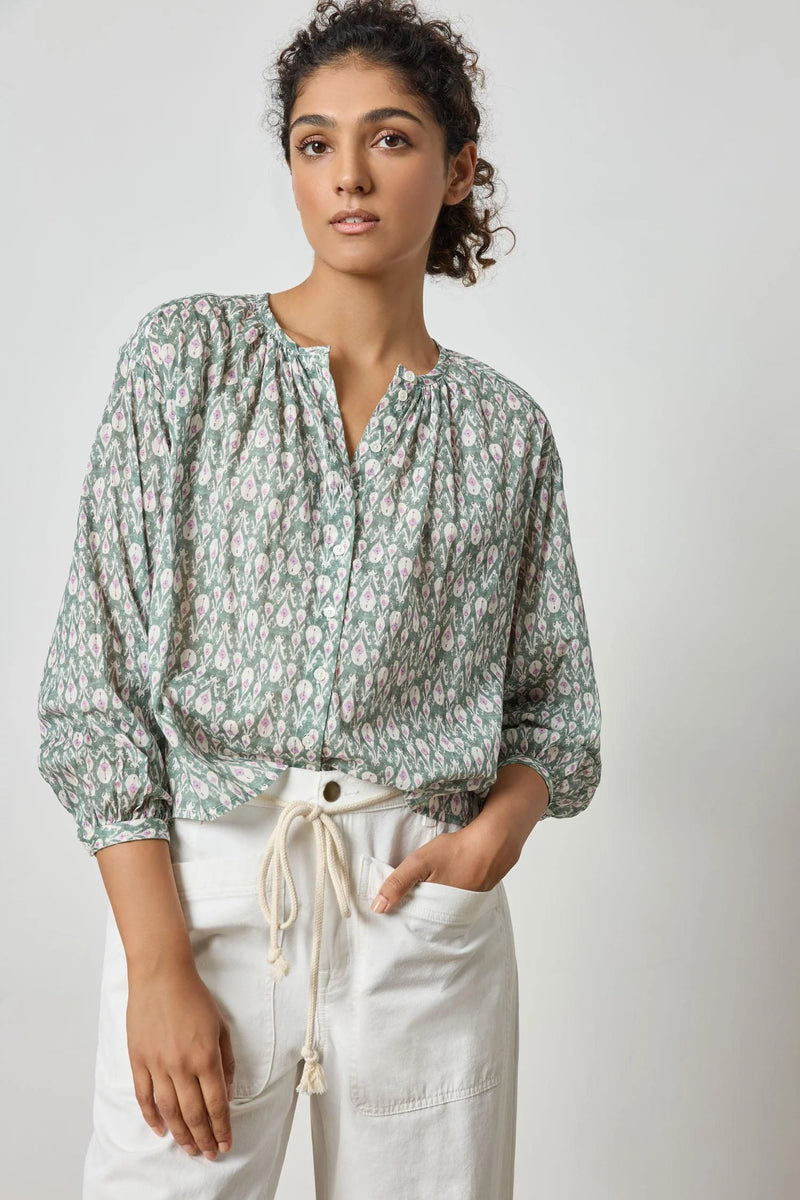 Long Sleeve Shirred Blouse - Seagrass Print
