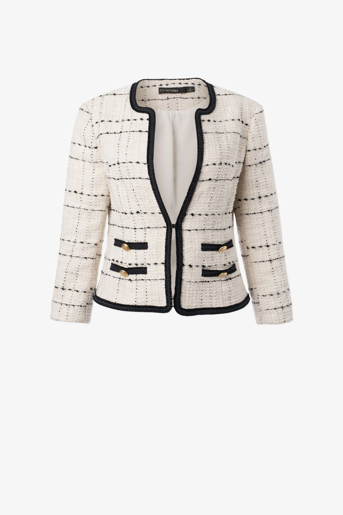 Collarless Open Front Jacket - Bone Plaid