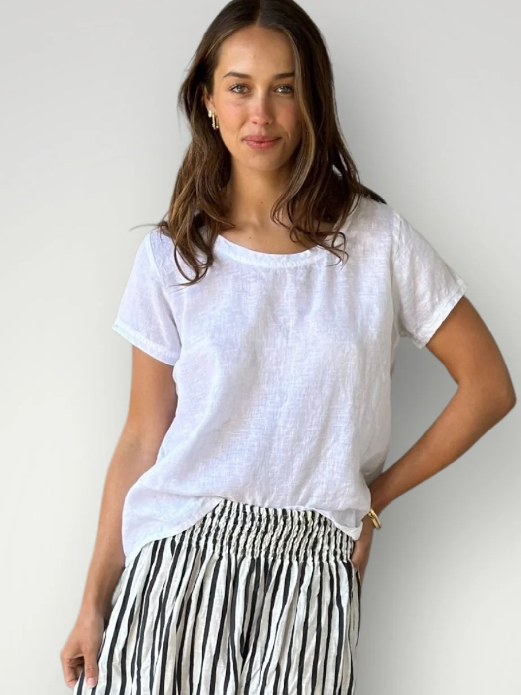 Ellie Round Neck Linen Tee - White