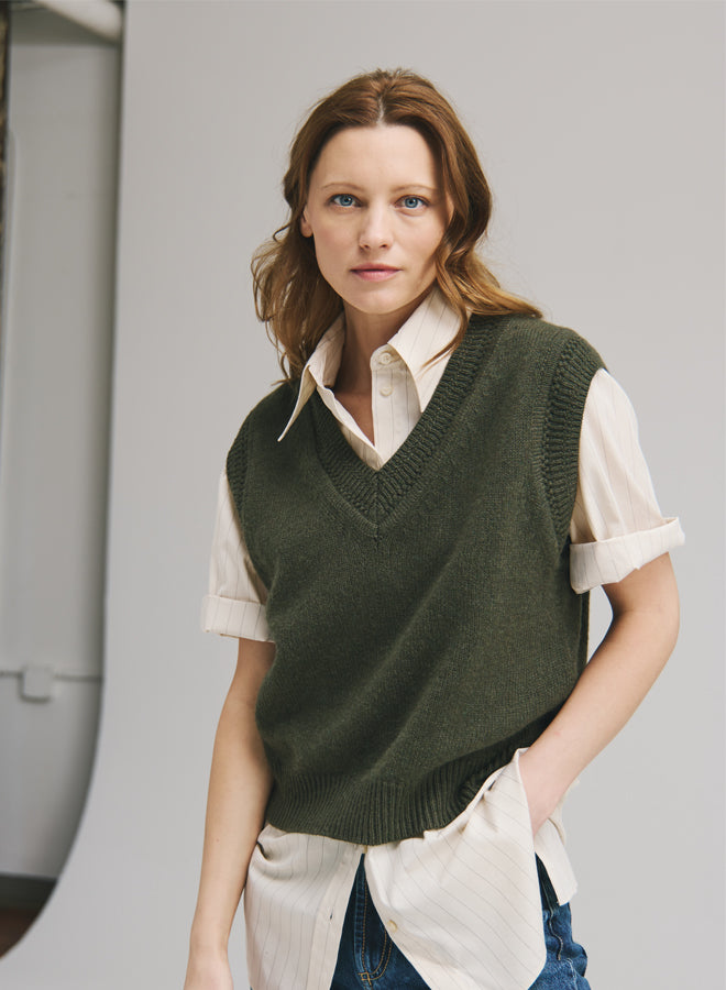 Boxy Vest W Fancy Stitch Trim - Arugula
